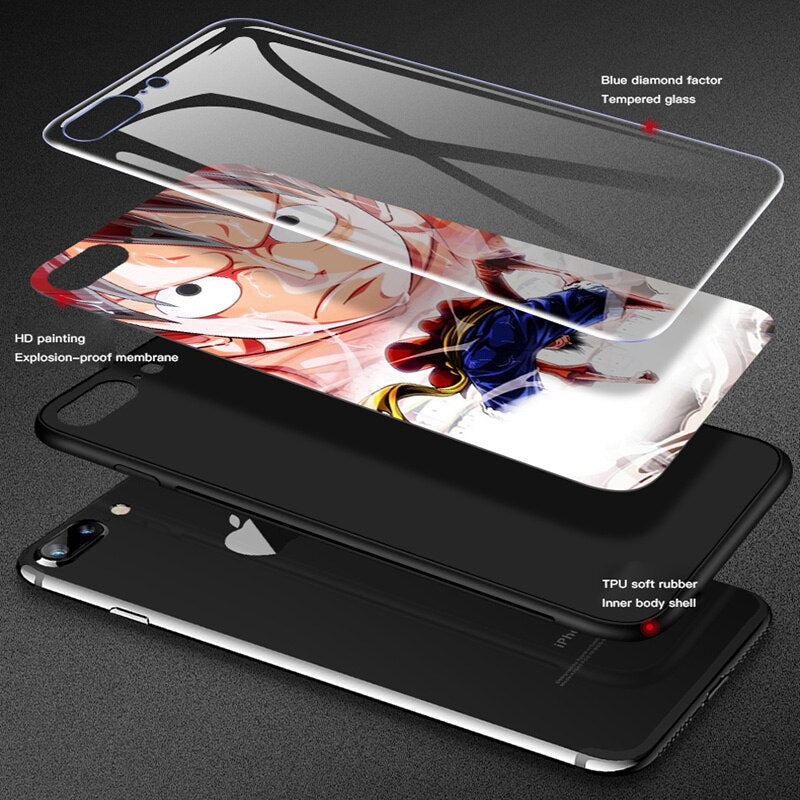 Funda de teléfono de vidrio templado Luffy Zoro de una pieza de dibujos animados para iPhone XSmax XR XS X 8 7 6s 6 plus cubierta de lujo Funda Coque