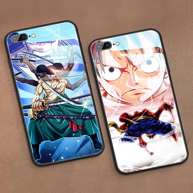 Funda de teléfono de vidrio templado Luffy Zoro de una pieza de dibujos animados para iPhone XSmax XR XS X 8 7 6s 6 plus cubierta de lujo Funda Coque