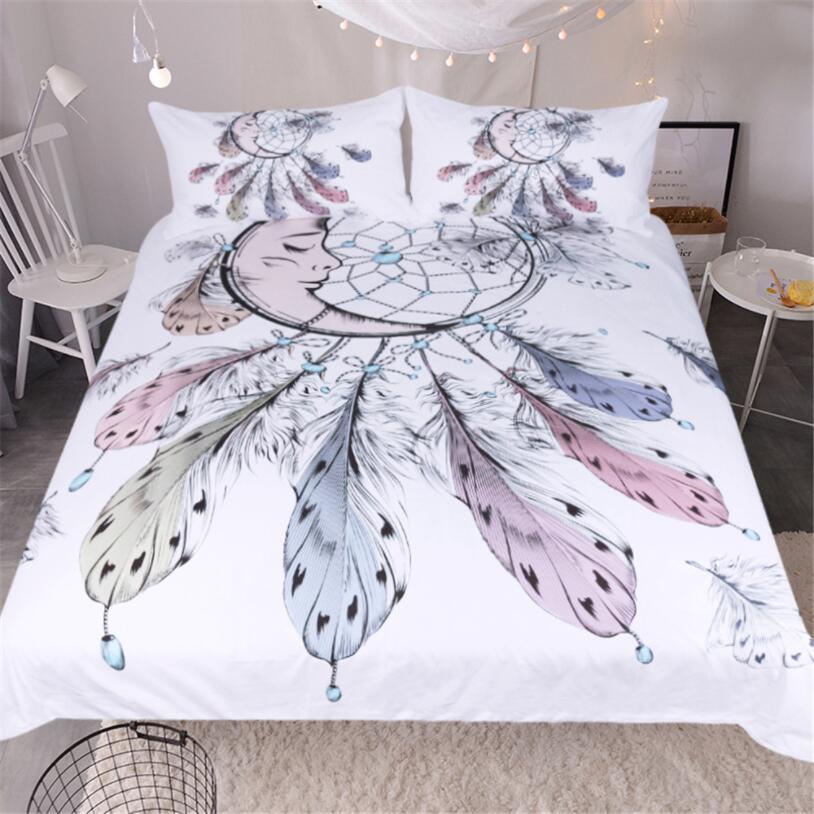 Juego de cama de atrapasueños de luna de 3 piezas Juego de edredón de plumas de tamaño Queen juego de cama blanca conjunto de ropa de cama de diseño de mejor regalo