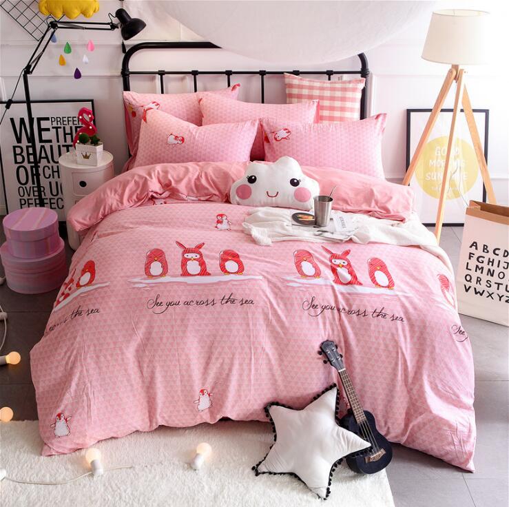 3/4 piezas de dibujos animados impreso ropa de cama 100% algodón doble rey tamaño rosa azul buho edredón cubierta de dibujos animados sábana de cama ropa de cama