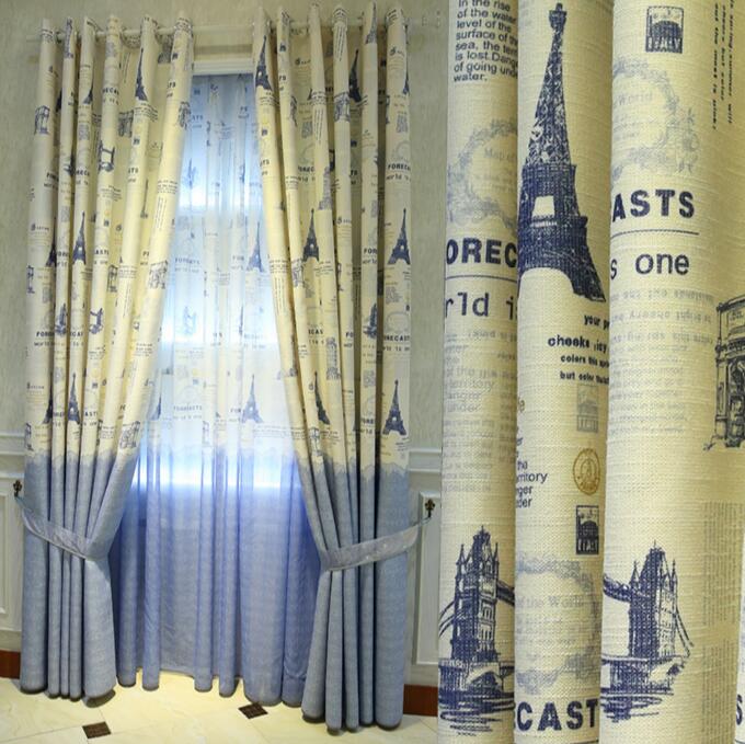 Cortina de ventana personalizada con estampado de dibujos animados Mediterráneo azul para sala de estar tul dormitorio algodón Lino Semi-sombra