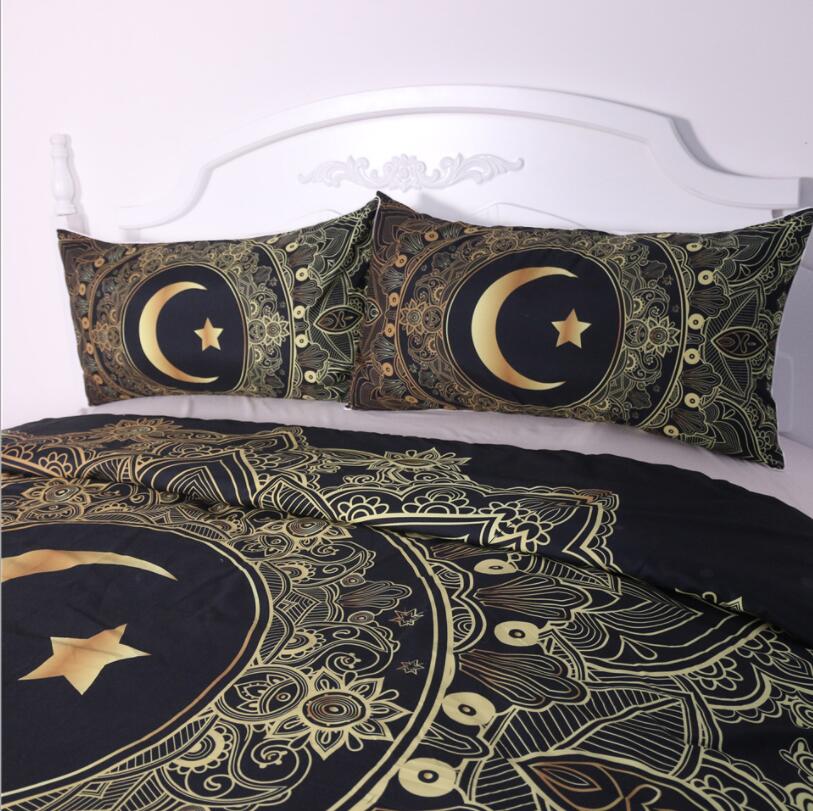 Funda de edredón de moda 3 piezas de Mandala de Bonzing dorado flores estrella Luna negro azul oscuro conjunto de ropa de cama suave cubierta individual cubierta de cama