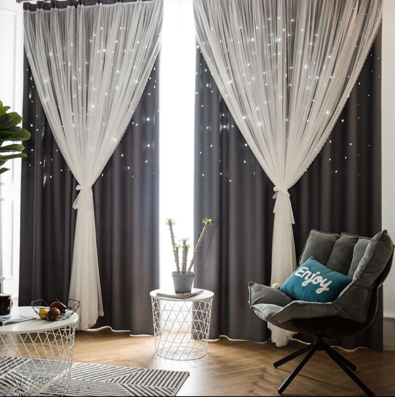 Nórdico Ins moderno tul + cortinas dobles negras con StarTassel alto negro persianas cortinas de ventana para sala de estar