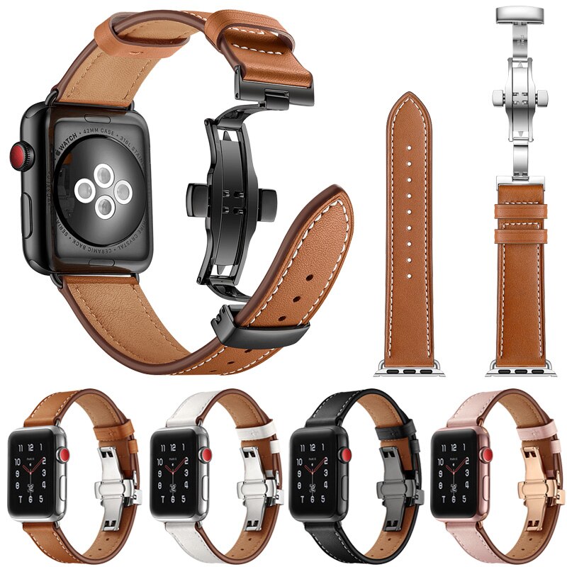 Correa de cuero de lujo para Apple Watch serie 1, 2, 3, 4 Cierre de mariposa banda Apple Watch Correa accesorios para 40 42 44mm