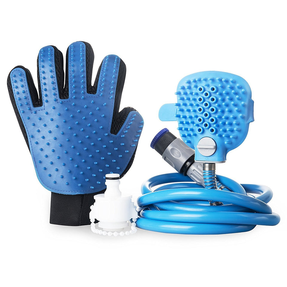 Pet baño ducha espray perro gato masaje cabeza aseo herramienta con guante de aseo para cachorro perro gato lavado mascota suministros (Blue With gloves)