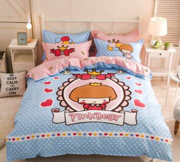 3/4 piezas Juego de cama de dibujos animados 100% algodón doble reina rey tamaño rosa azul búho edredón funda de edredón de dibujos animados sábana ropa de cama ropa de cama