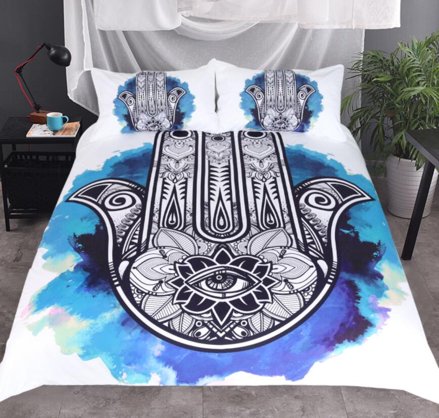 Funda de edredón de mano Hamsa 3 piezas de moda con funda de almohada blanca con azul oscuro juego de cama Vintage suave funda de edredón de microfibra conjunto